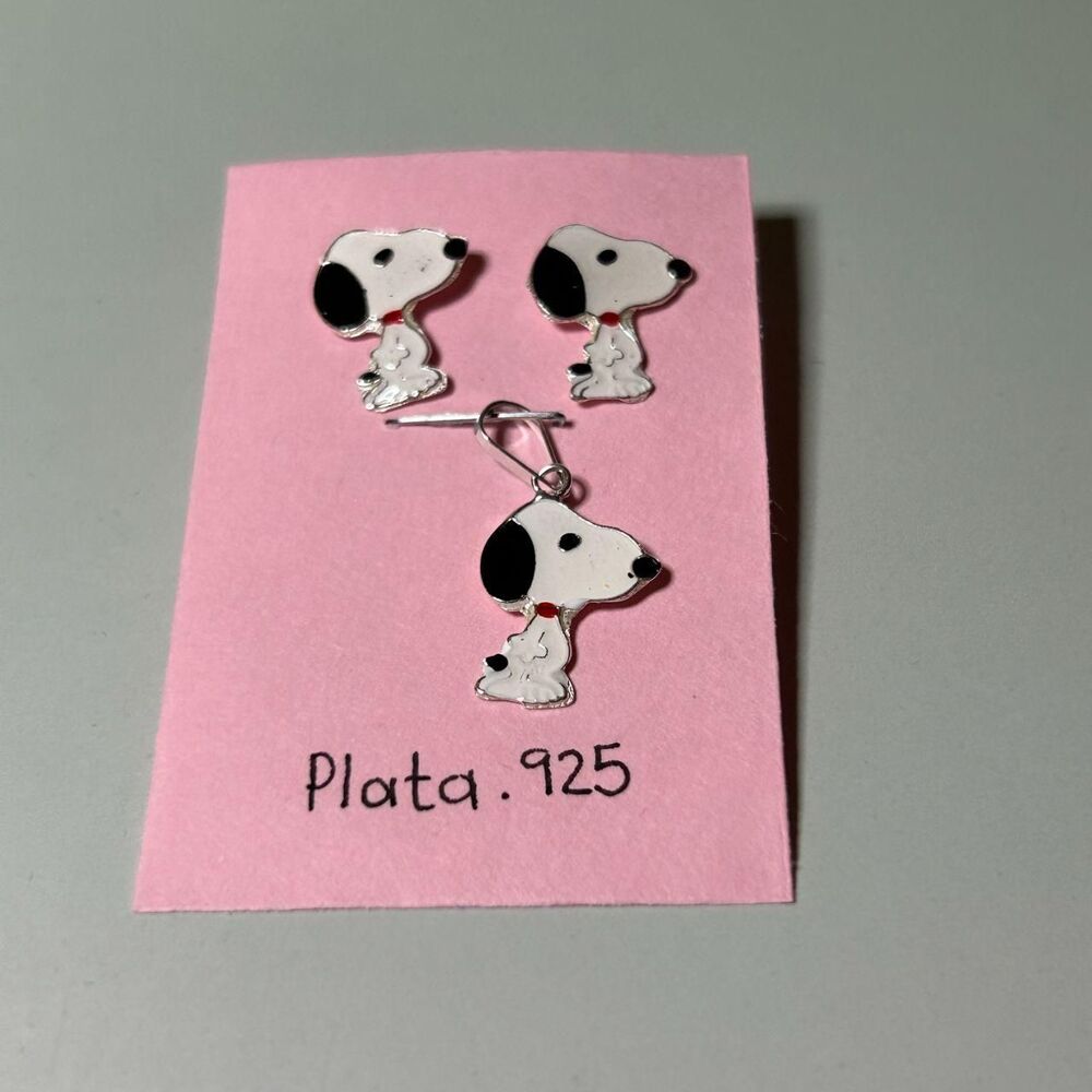 Snoopy Set 925 Sterling Silver Pendant and Earring Set